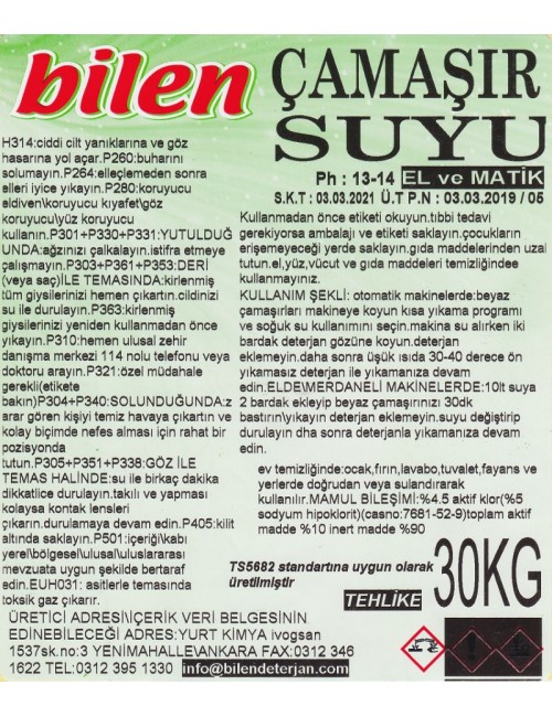 Çamaşır Suyu Standart Bilen 30kg