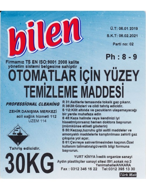 Otomatlar için Genel Yüzey Temizlik Maddesi 30kg